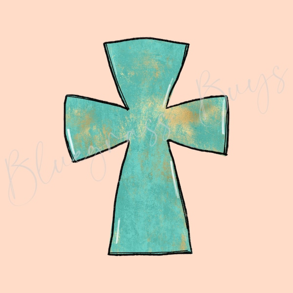 Turquoise Hand Drawn Cross PNG, Gold Grunge Cross, PNG Cross Sublimation