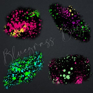 May include: Four abstract digital art prints with a black background and colorful paint splatters in shades of green, pink, and yellow. The text "Bluegrass" is written in cursive on the image.