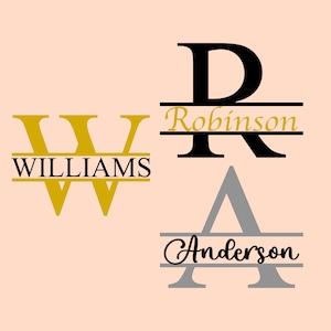 Op de afbeelding: Drie gepersonaliseerde monogramontwerpen. Een gouden "W" met "WILLIAMS" eronder, een zwarte "R" met "Robinson" in goud en een grijze "A" met "Anderson" in script.