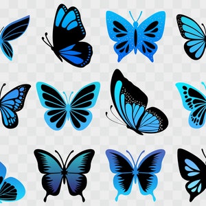 May include: A set of twelve blue and black butterfly illustrations. The butterflies are in various poses with their wings spread open.