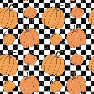 May include: A seamless pattern featuring orange pumpkins on a black and white checkered background. The pumpkins are drawn in a simple, cartoon style and have a distressed, vintage look.