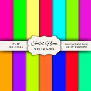 May include: A digital paper pack featuring a variety of solid neon colors, including pink, green, yellow, red, blue, and orange. The pack includes 24 digital papers, each 12 x 12 inches, perfect for digital design projects. The words "Solid Neon" are displayed.