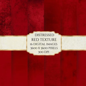 May include: A set of 16 digital red distressed textures. Each image is 3600 x 3600 pixels and 300 DPI. The textures have a vintage, aged look.