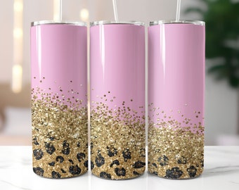 Pink Glitter Leopard Skinny Tumbler Wrap - 20oz Straight & Tapered Wrap Design - Tumbler PNG Sublimation