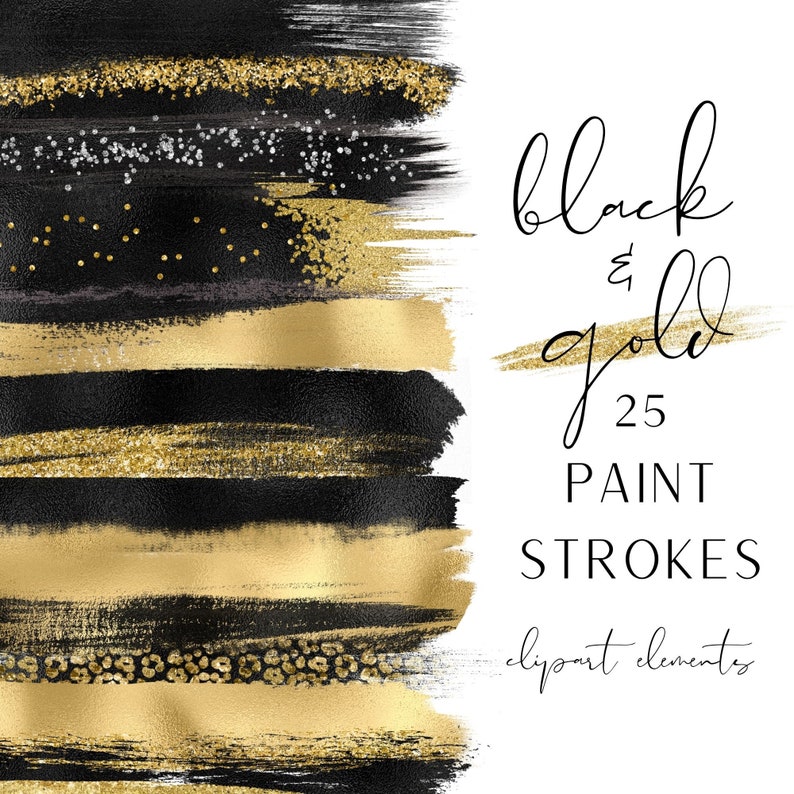 Puede incluir: Un conjunto de 25 trazos de pintura digital en negro y dorado. Los trazos son abstractos y tienen un aspecto texturizado. Son perfectos para agregar un toque de elegancia a tus dise&ntilde;os.