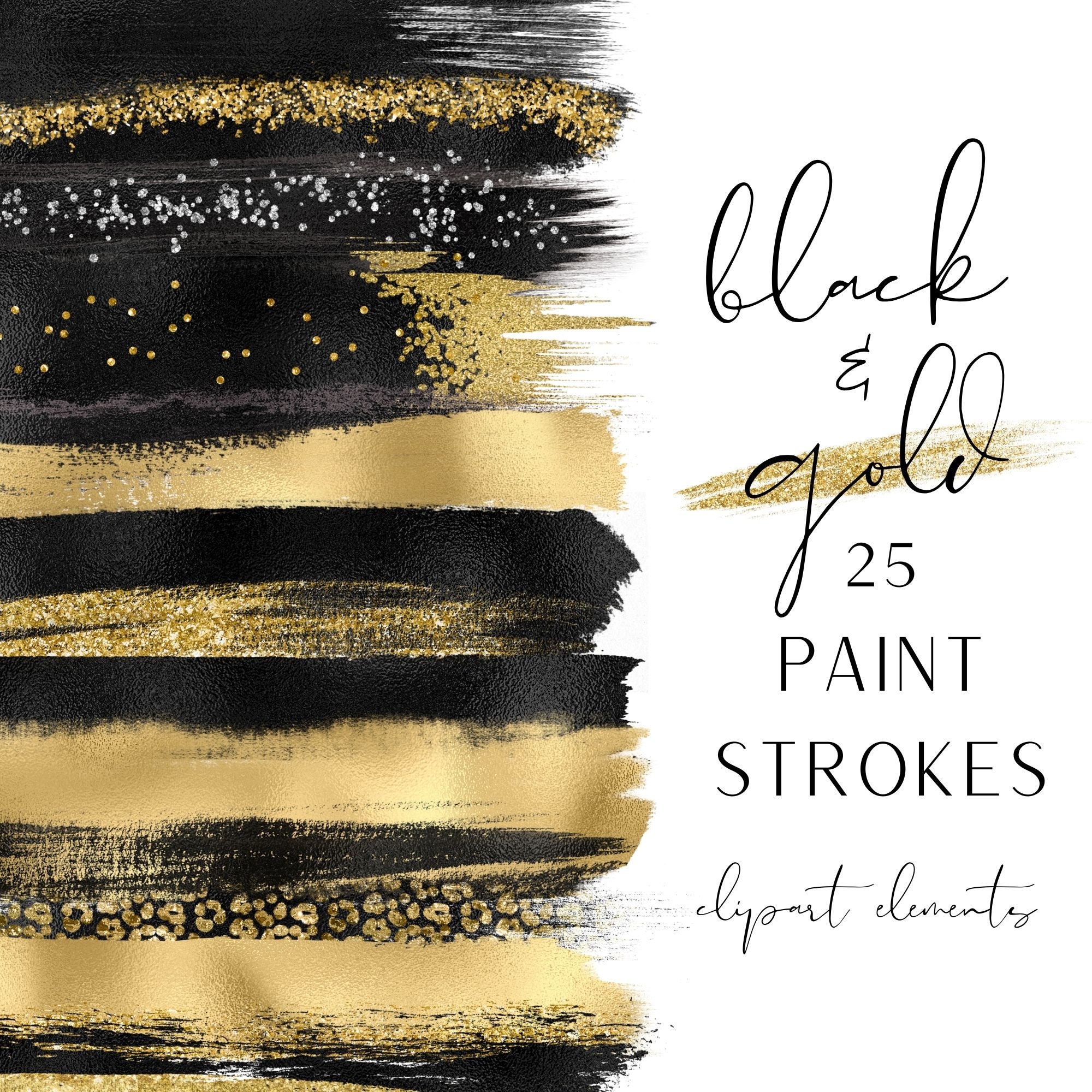 Black and Gold Paint Strokes Brush Stroke Clipart Paint Etsy