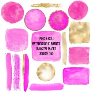 Pink and Gold Watercolor Elements - Watercolor Clipart - Frame Elements PNG
