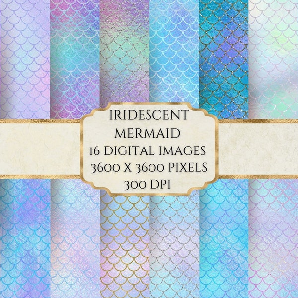 Iridescent Mermaid Digital Paper, Metallic Pastel Texture, Holographic Paper, Printable Scrapbook Paper