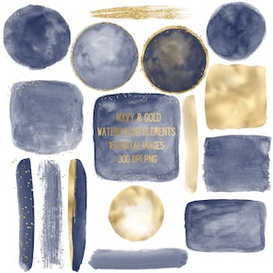 Elementos de acuarela azul marino y dorado - Clipart de acuarela - Elementos de marco PNG