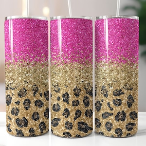 Envoltório de copo magro de leopardo com glitter rosa - Design de envoltório reto e cônico de 20 onças - Tumbler PNG Sublimação