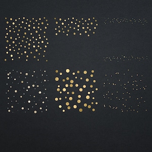 May include: A black background with six different arrangements of gold confetti circles. The confetti is scattered in various patterns and densities.
