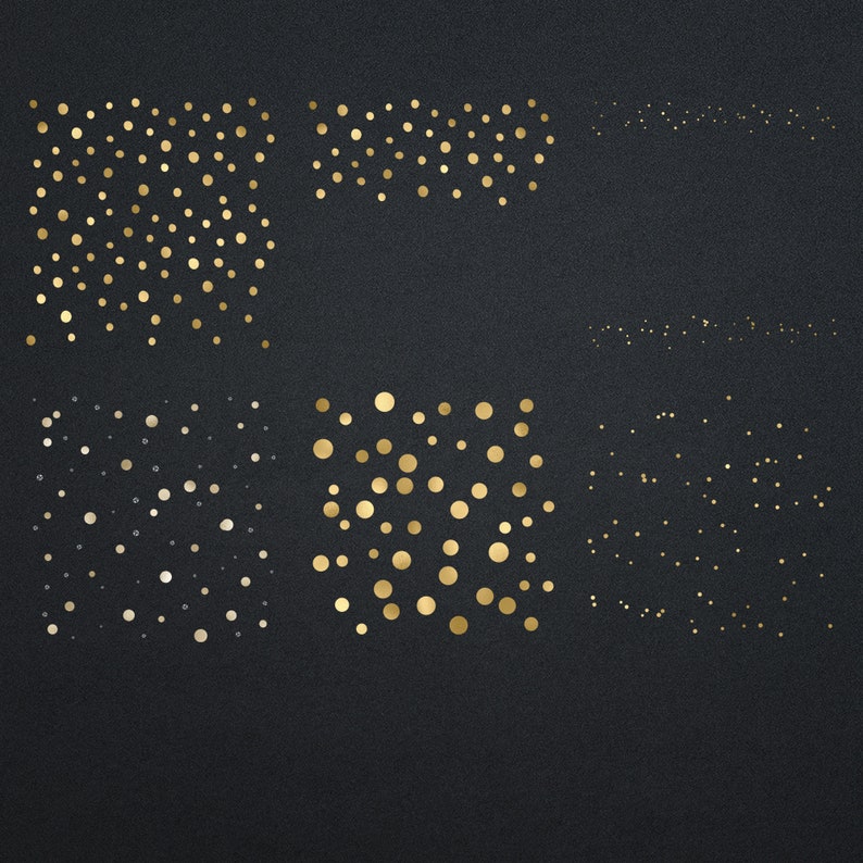 May include: A black background with six different arrangements of gold confetti circles. The confetti is scattered in various patterns and densities.