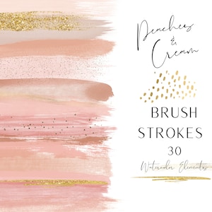 May include: 30 watercolour brush strokes in peach and cream colours with gold glitter accents. Peaches & Cream Brush Strokes Watercolor Elements.