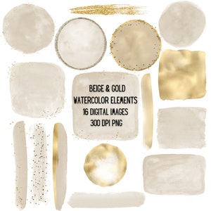 Op de afbeelding: Een set van 16 digitale aquarel elementen in beige en goud. De elementen omvatten cirkels, vierkanten, rechthoeken en penseelstreken. De elementen zijn perfect om een ​​toets van elegantie aan uw ontwerpen toe te voegen.