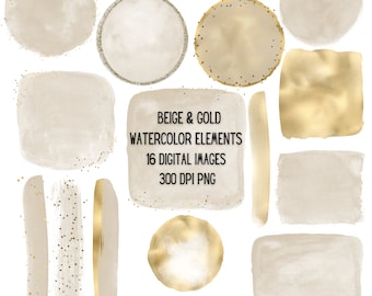 Beige and Gold Watercolor Elements - Watercolor Clipart - Frame Elements PNG