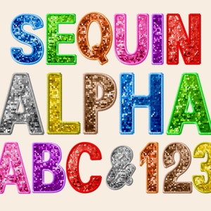 Könnte beinhalten: Sequin-Alphabetbuchstaben und -zahlen in verschiedenen Farben, darunter Silber, Gold, Rot, Blau, Grün, Pink und Braun. Die Buchstaben buchstabieren "SEQUIN ALPHA ABC & 123".