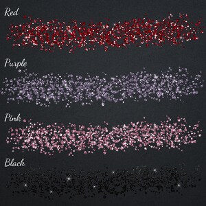 May include: Four rows of glitter on a black background. The top row is red glitter, the second row is purple glitter, the third row is pink glitter, and the bottom row is black glitter.