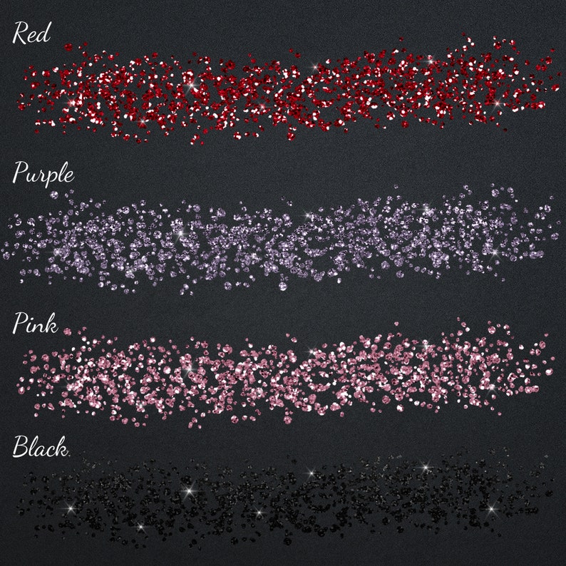 May include: Four rows of glitter on a black background. The top row is red glitter, the second row is purple glitter, the third row is pink glitter, and the bottom row is black glitter.