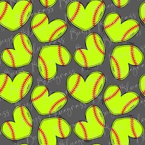 May include: A seamless pattern featuring a repeating design of yellow softball hearts with red stitching on a gray background.