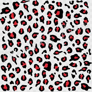 May include: A seamless pattern featuring black leopard spots with red glitter accents on a white background.
