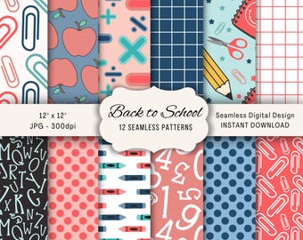Back to School Seamless Pattern, School Digital Paper, School Background