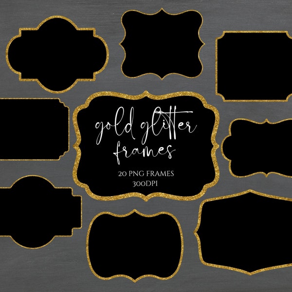 Gold Glitter and Black Frames, Frame Clipart, Vintage Border Frames PNG