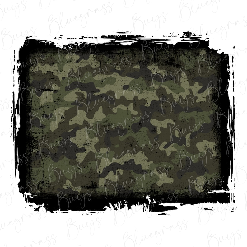 May include: A digital graphic featuring a camouflage pattern in shades of green and black. The pattern is framed by a black border with a distressed, textured effect.