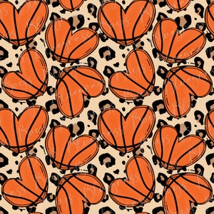 Leopard Basketball Seamless Pattern, Basketball Hearts Repeating Pattern, Sports Pattern