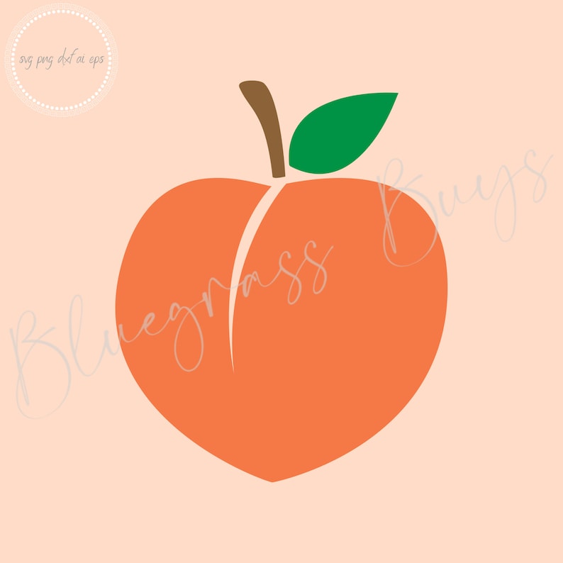 May include: A peach-colored peach with a green leaf on top. The peach is a simple, flat design.