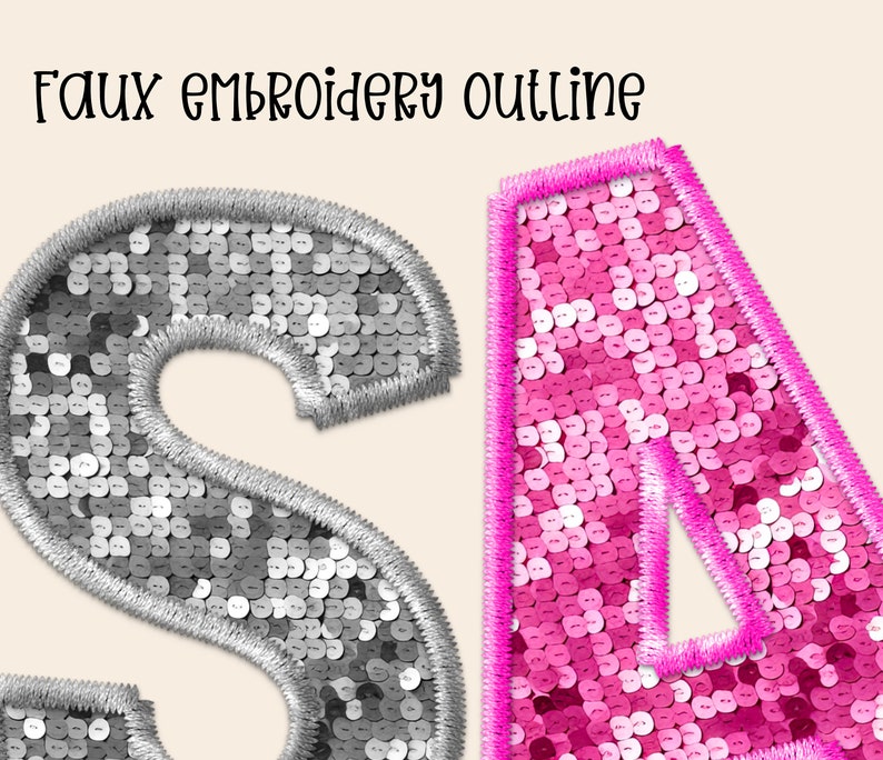 May include: Faux embroidery outline of the letters "SA" in silver and pink sequins.