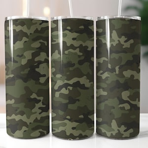 May include: Three stainless steel tumblers with a camouflage pattern in shades of green and brown.