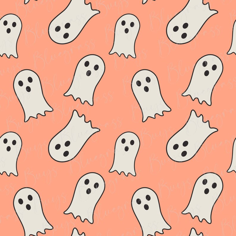 May include: A seamless pattern featuring white ghosts with black eyes and mouths on a peach background. The ghosts are arranged in a repeating pattern.