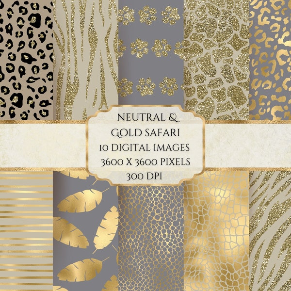 Gold Safari Digital Paper, Gold Foil Animal Print, Glitter Safari, Printable Scrapbook Paper