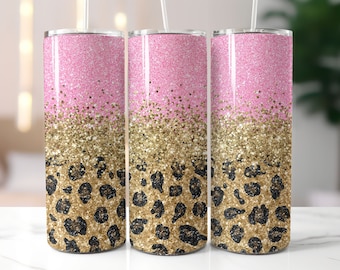 Pink Glitter Leopard Skinny Tumbler Wrap - 20oz Straight & Tapered Wrap Design - Tumbler PNG Sublimation