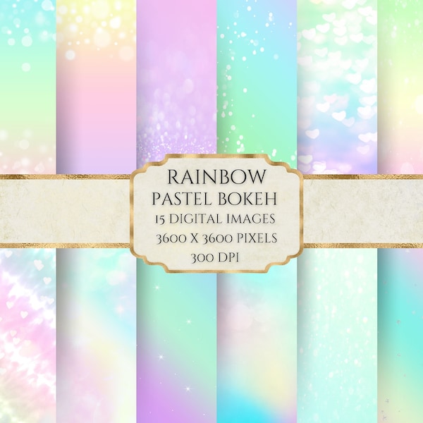 Rainbow Pastel Bokeh Digital Paper, Rainbow Pastel Gradient, Printable Scrapbook Paper