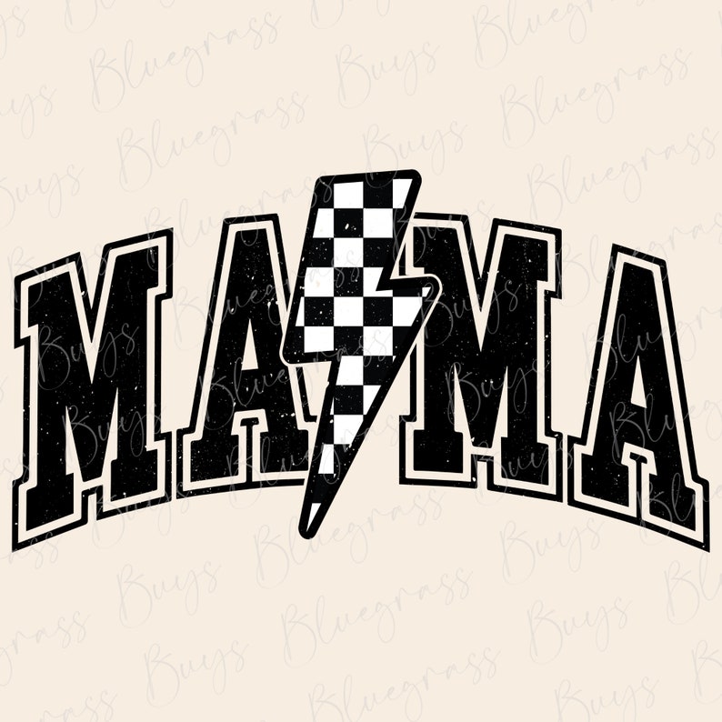 Puede incluir: Dise&ntilde;o gr&aacute;fico en blanco y negro con la palabra "MAMA" en letras may&uacute;sculas en negrita y un rayo a cuadros en el centro.