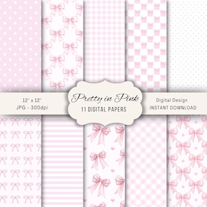 Può includere: Una collezione di undici carte digitali in rosa, con vari motivi come pois, fiocchi, quadretti e righe. Le carte misurano 30,48 cm x 30,48 cm e sono intitolate "Pretty in Pink". Il testo "Digital Design" e "Instant Download" è incluso.