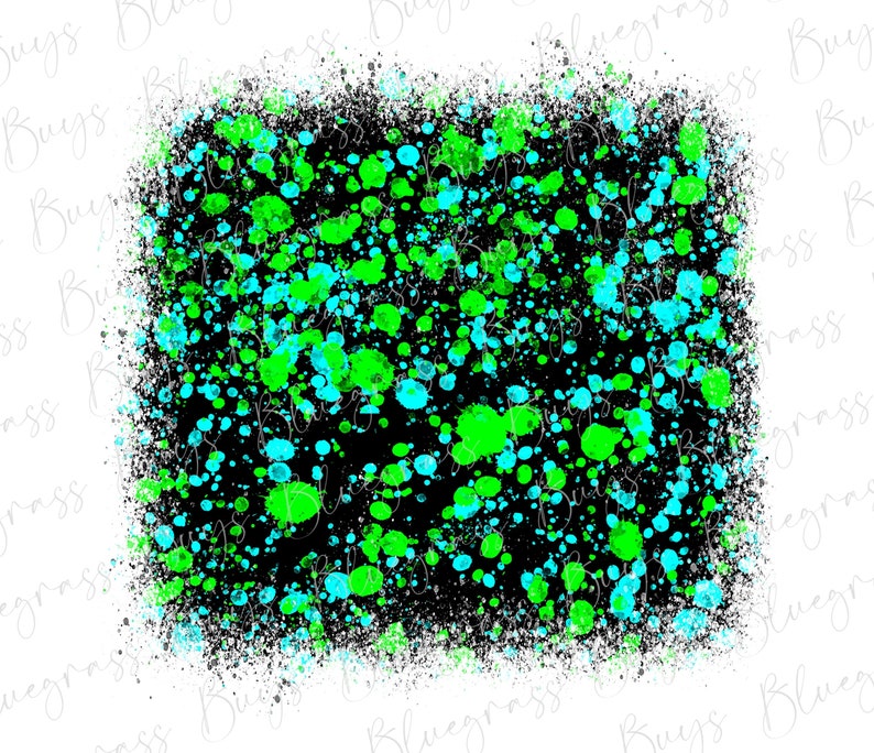 May include: A black background with a splatter pattern of green and blue paint. The paint splatters are of varying sizes and create a random, abstract design.