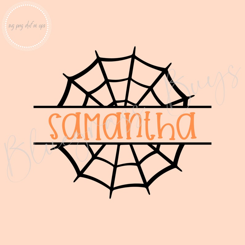 Może przedstawiać: Czarny wz&oacute;r pajęczyny z imieniem Samantha napisanym na środku pomarańczowym kolorem.