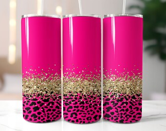 Pink Glitter Leopard Skinny Tumbler Wrap - 20oz Straight & Tapered Wrap Design - Tumbler PNG Sublimation