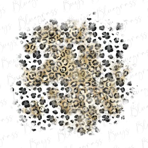 May include: A digital illustration of a leopard print pattern in shades of brown, black, and gold. The print is set against a white background and has a distressed, watercolor effect.