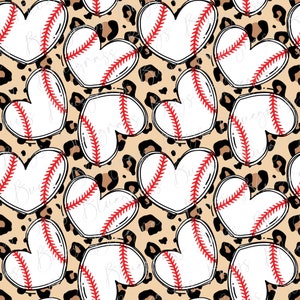 May include: A repeating pattern featuring white heart-shaped baseballs with red stitching, set against a tan leopard print background. The design is a playful combination of sports and animal print.