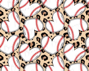 Leopard Baseball Seamless Pattern, Baseball Hearts Repeating Pattern, Sports Pattern