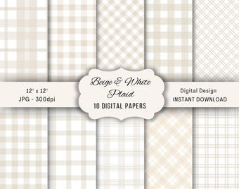 Beige Plaid Seamless Pattern, Beige Digital Paper, Gingham Plaid Seamless Patterns, Scrapbook Paper For Baby Showers