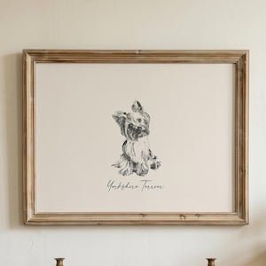 ヨークシャーテリアの線画プリント、ミニマルな犬の肖像画
