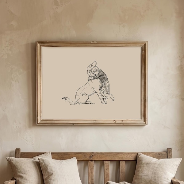 Vintage girl and dog print | Antique dog drawing | Friendship nursery decor | Love wall sign | Kids room animal sketch | Digital download