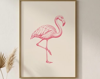 Lámina decorativa de flamenco rosa para pared / Estampado de aves vintage / Descarga digital
