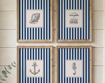 Juego de 4 láminas decorativas de estilo costero / Láminas náuticas de rayas azules / Decoración para baño / Descarga digital