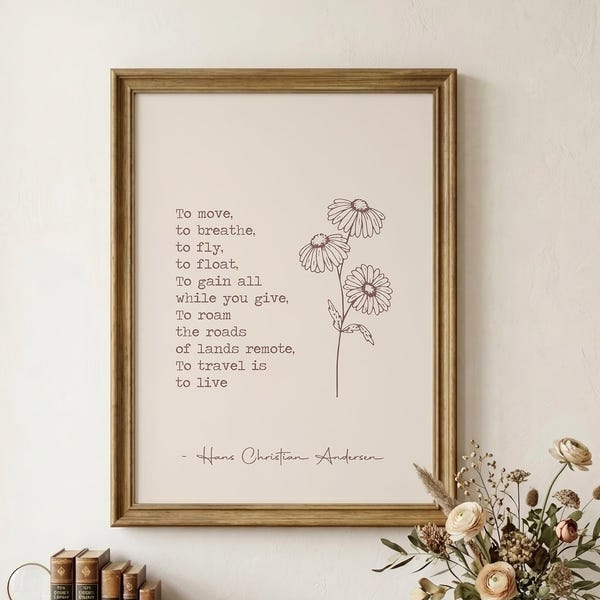 Lámina "Viajar es vivir" / Cita de Hans Christian Andersen / Arte con cita de viajes / Póster para amantes de los viajes / Regalo para viajeros / Descarga digital