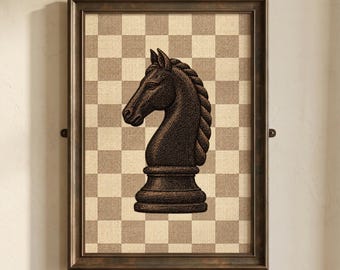 Chess Wall Art | Knight Print in Vintage Textile Style | Digital Download